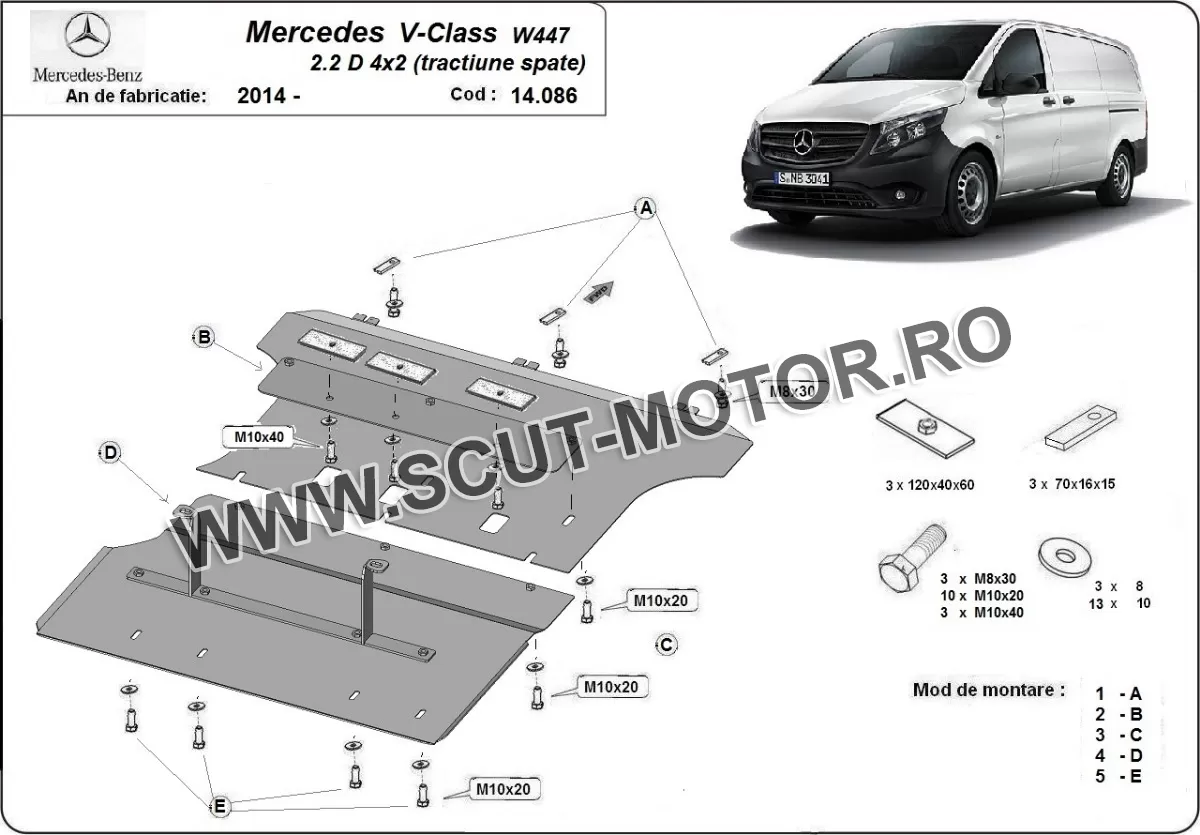 Scut motor Mercedes V-Class W447 2.2 D, 4x2 (tracțiune spate) 2014-2024