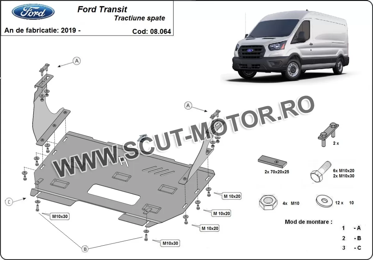 Scut motor și cutie de viteză Ford Transit - tracțiunea spate 2019-2023