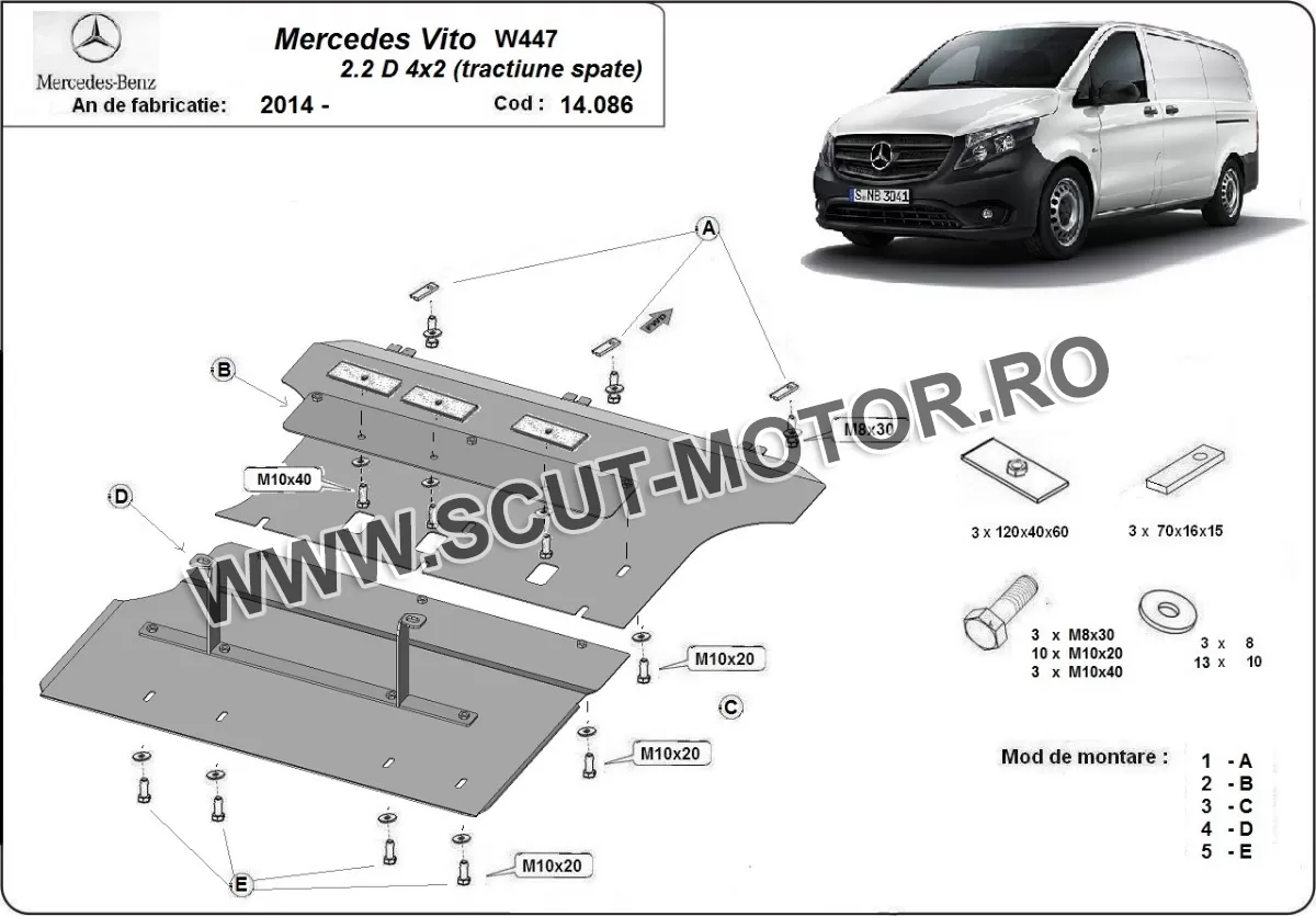 Scut motor Mercedes Vito W447 2.2 D, 4x2 (tracțiune spate) 2014-2024